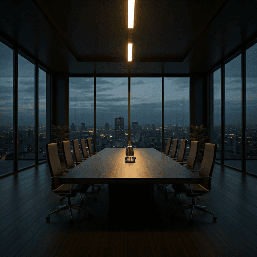Sophisticated corporate boardroom with minimalist architecture and dramatic ambient lighting.