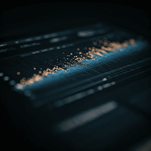 Sleek digital dashboard displaying complex AI data visualizations with champagne gold accents.