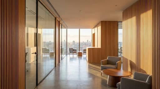 High-end professional architectural photography of a modern UK corporate office environment.