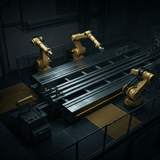 Advanced modern manufacturing facility with precision industrial machinery and professional lighting.