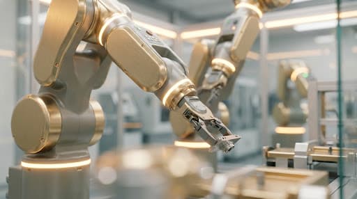 Close-up photograph of a high-end manufacturing facility with advanced robotics and warm professional lighting.